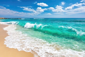 A Captivating View of Ocean Waves Rolling onto the Sandy Beach Under the Sky
