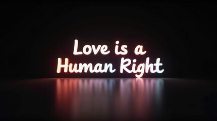 Obraz premium Text “Love is a Human Right” in glowing white font, centered with soft rainbow reflection, black smooth background