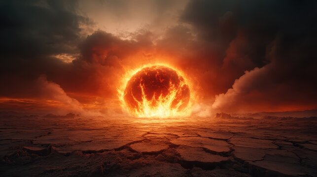 A dramatic scene of a fiery sun setting in a tumultuous sky captures the essence of nature's power and the impending changes in life, evoking feelings of awe and reflection.