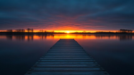 Obraz premium Tranquil sunset over water with wooden pier extending into the horizon. Sunsets and sunrises aesthetic, twilight, peaceful, atmosphere, cloudscape concept.