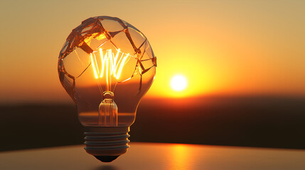 Illuminated light bulb with a sunset in background, representing innovation and creative energy
