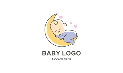 Cute Baby Mascot Logo. Sleeping Baby on Moon, Sweet Dreams Illustration. Nursery and Baby Brand Design
