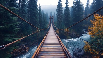 Obraz premium Misty forest suspension bridge over rushing river