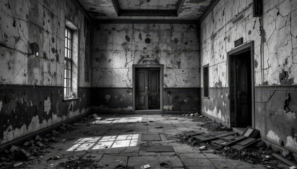 Obraz premium Decaying Interior of an Abandoned Building With Peeling Walls and Scattered Debris in Monochrome