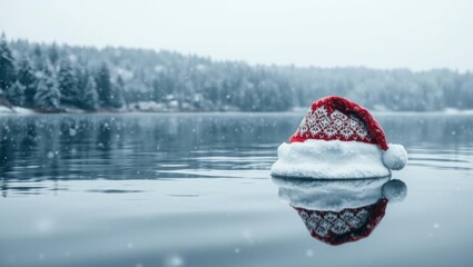 Festive Santa Hat Floating on Calm Winter Lake