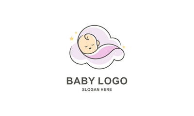 Cute Baby Mascot Logo. Sleeping Baby on Cloud, Sweet Dreams Illustration. Nursery and Baby Brand Design