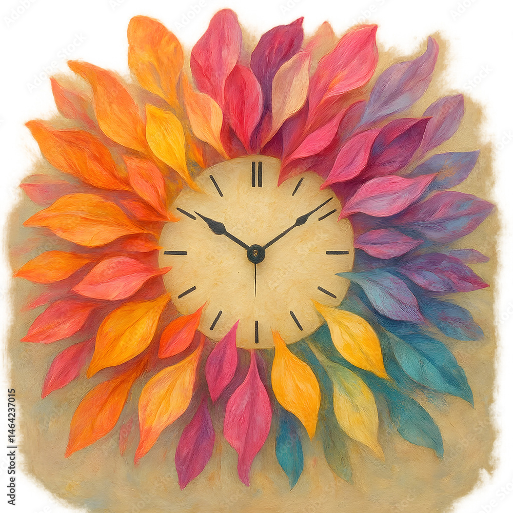Poster artistic clock design with colorful petals representing time