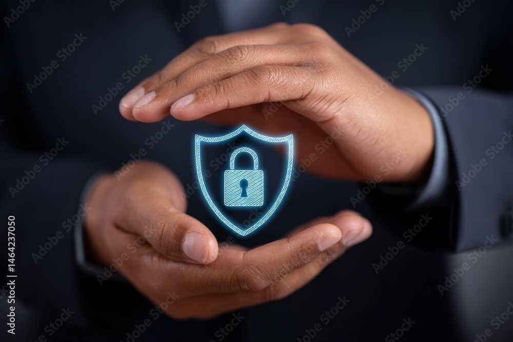 Poster professional businessman safeguarding digital security with protective holographic shield symbolizin