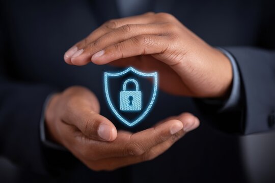 Professional businessman safeguarding digital security with protective holographic shield symbolizing cybersecurity and data protection in modern technology setting