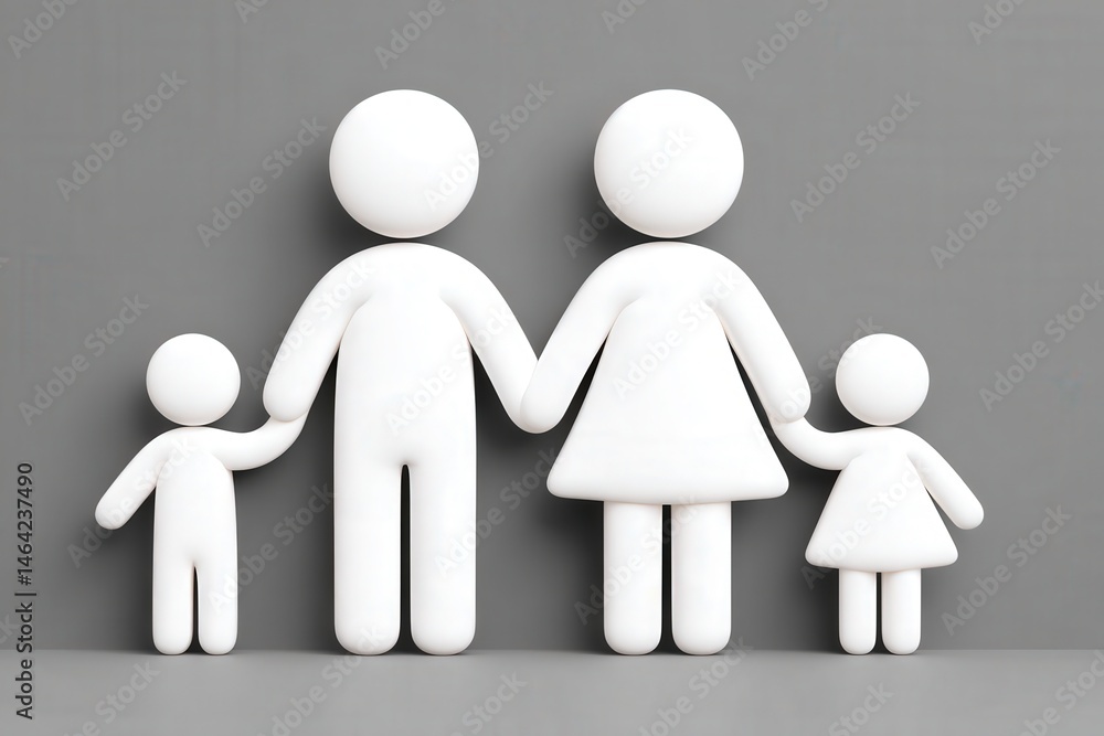 Poster family unity represented through minimalistic three-dimensional figures holding hands against a neut