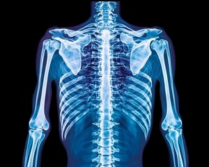 Posterior view of human upper body skeletal structure, x-ray image