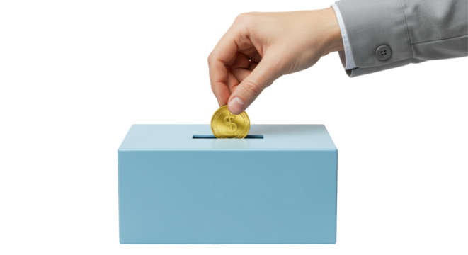 Isolated Hand Inserting Coin into Donation Box
