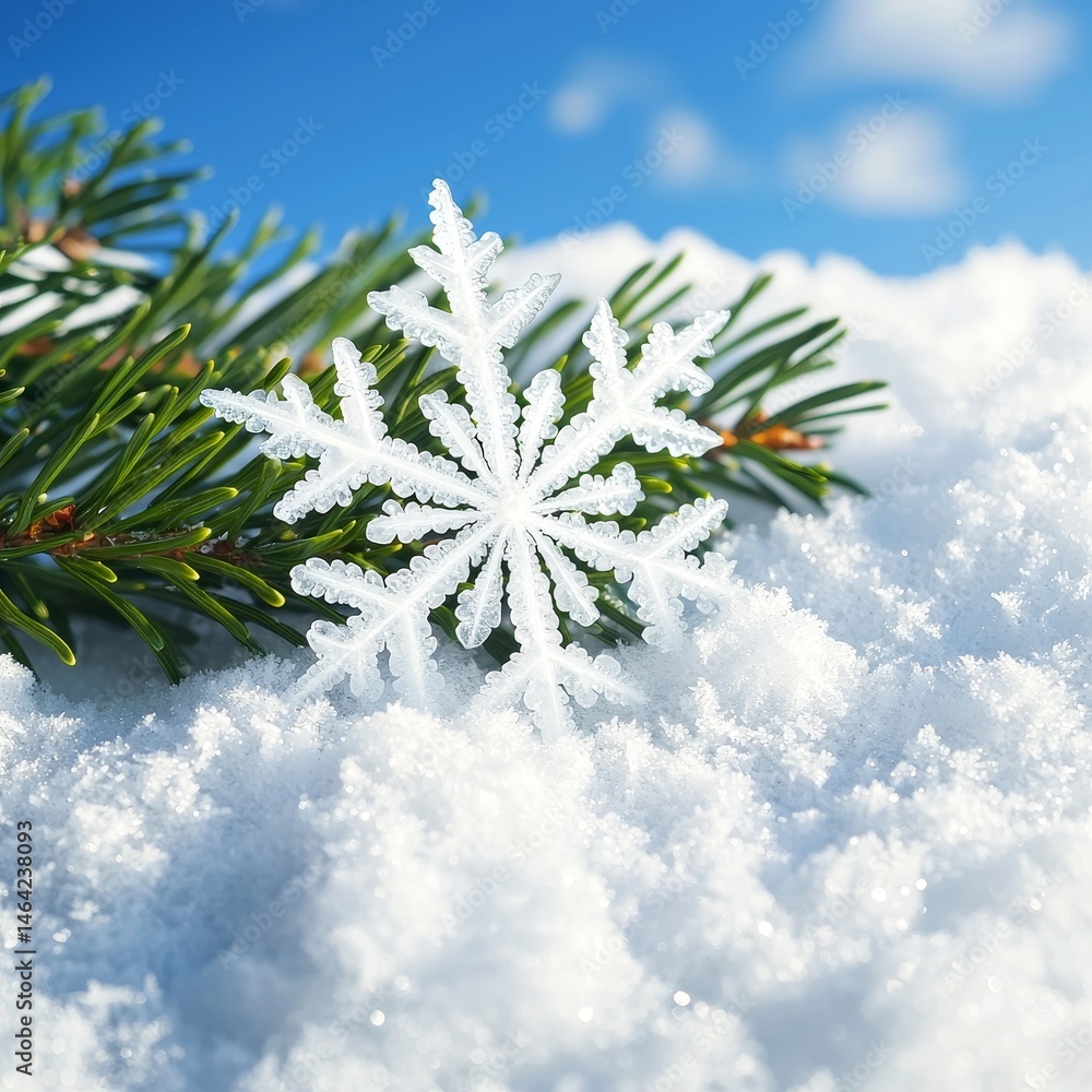 Poster snowflake resting on pine branches amidst fluffy white snow. ice and snow formations snowflake conce