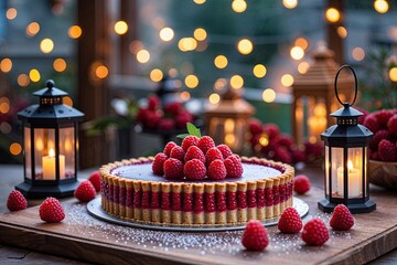 Festive Raspberry Tart and Lanterns for Celebrating Work Milestones