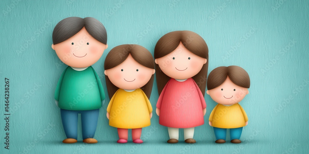 Poster cheerful cartoon family portrait featuring four smiling characters dressed in vibrant colors against