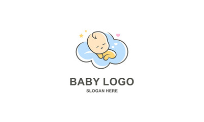 Cute Baby Mascot Logo. Sleeping Baby on Cloud, Sweet Dreams Illustration. Nursery and Baby Brand Design