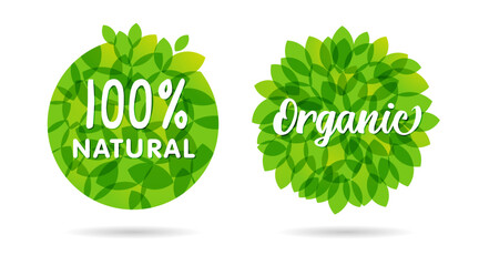 Set of round green labels with transparent leaves and white backdrop. 100 percent natural icon concept. Organic product label design. Creative circle with plant elements and isolated clipping mask.