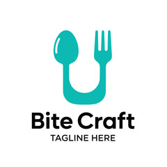 Logo design, teal color, minimalist, cafe icon, letter U shape, spoon and fork vector art illustration