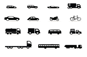 This vector illustration features a transportation icons set, a collection of auto and vehicle symbols including car, truck, bus, and van silhouettes for delivery and traffic design