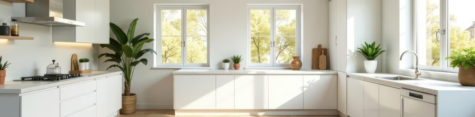 All-white kitchen with breakfast bar, window view, home decor, spacious