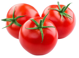 Tomato isolated png. Three tomatoes on white or transparent background. Perfect retouched png tomato no background. Full depth of field.