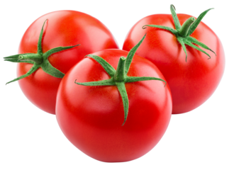 Tomato isolated png. Three tomatoes on white or transparent background. Perfect retouched png tomato no background. Full depth of field.