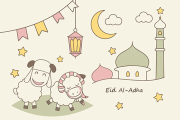 26 Cute cartoon farm animals, Eid al-Adha celebration, smiling sheep and cow, colorful lanterns, Islamic mosque silhouette, crescent moon, star decorations, festive bunting flags, Arabic calligraphy, 