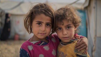 Two young girls hug each other in a tent. The girls are wearing colorful clothing