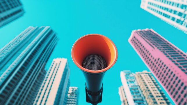 Megaphone amplifying voice amidst vibrant urban skyline, communicating with power and creativity