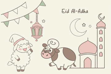 26 Cute cartoon farm animals, Eid al-Adha celebration, smiling sheep and cow, colorful lanterns, Islamic mosque silhouette, crescent moon, star decorations, festive bunting flags, Arabic calligraphy, 