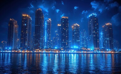 Obraz premium Night cityscape, waterfront, skyscrapers, illuminated, reflection