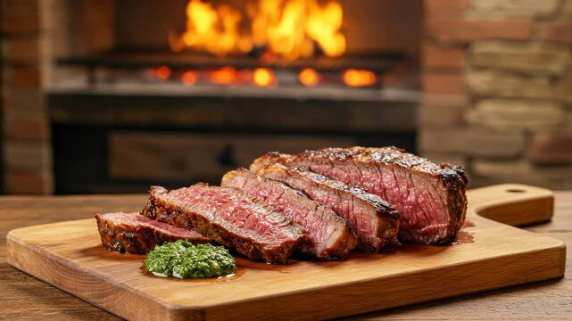 Asado grilled beef steak sliced on cutting board. Still life with chimichurri sauce and fireplace background