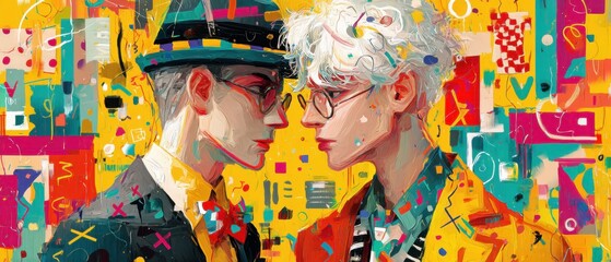 Fototapeta premium Two stylish adult men face to face in a vibrant, colorful abstract painting Concept of modern art, fashion, and creative expression