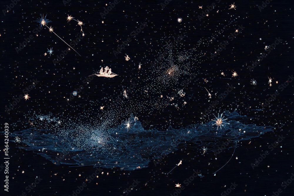 Poster cosmic expanse showcasing floating celestial objects.
