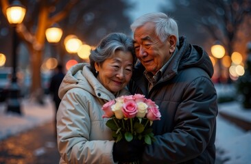 A gray-haired elderly Asian man in a warm jacket hugs an elderly smiling woman with a bouquet of red roses. Valentine's Day or International Women's Day.