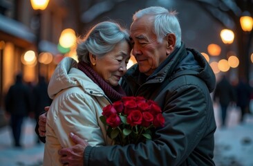 A gray-haired elderly Asian man in a warm jacket hugs an elderly smiling woman with a bouquet of red roses. Valentine's Day or International Women's Day.