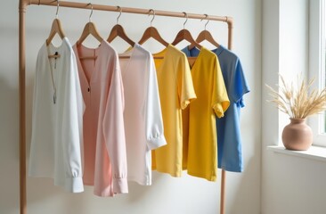 Obraz premium A minimalist clothes rack with clothes in pastel and neutral tones, dresses, blouses in white, blue, yellow and pink pastel shades. An atelier or a store.