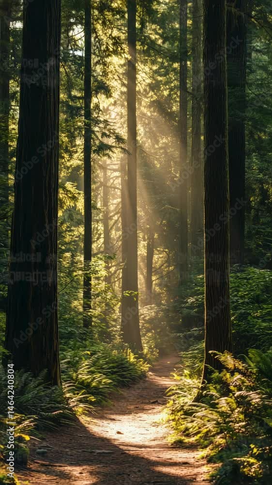 Aufkleber golden sunbeams are filtering through tall trees in a lush forest, illuminating a winding dirt path 
