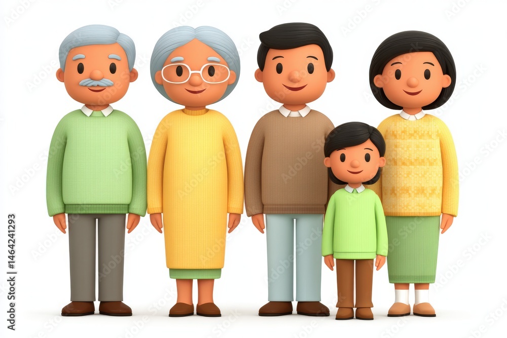 Poster animated family portrait featuring diverse characters in colorful clothing expressing joy and unity 