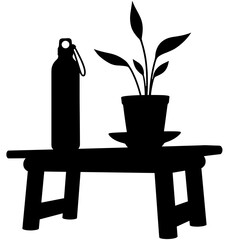 Silhouette of reusable water bottle and potted plant on bamboo nightstand, eco-glamping and sustainability concept