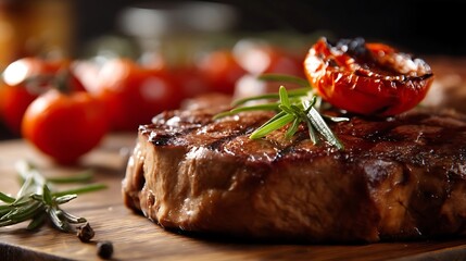 Juicy grilled beef steak with roasted tomato garnish, a savory feast for the senses