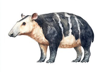 Fototapeta premium Illustration of a Tapir with Black and White Stripes in Watercolor Style