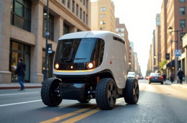 The courier robot executes delivery orders and moves along the city street in automatic mode. An unmanned robot crosses the road at a pedestrian crossing. The city of the future.