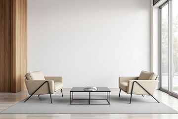 Minimal modern interior with two beige armchairs and coffee table on neutral rug, light wooden floor, white wall background, concept of creative architecture. Ai generative