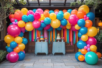 Colorful Balloon Garland Party with Bright Hues and Festive Decorations