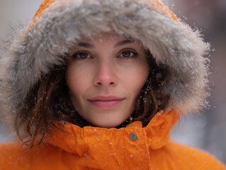Person in orange coat with faux fur hood catching snowflakes
