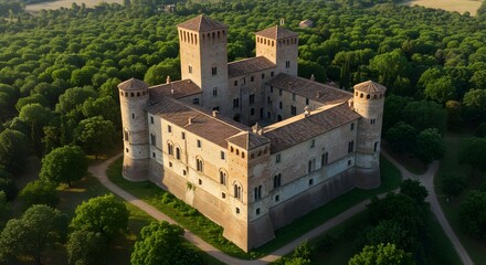 Aerial View of Old Castle Near Forest