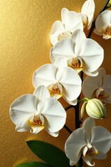 Elegant white orchids against gold leaf backdrop, luxury, tropical