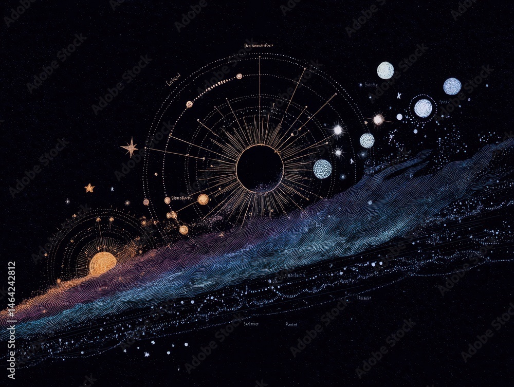 Poster a celestial map of constellations and planets in a stylized design.