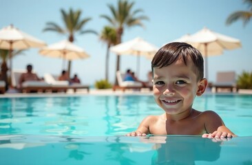 Naklejka premium Portrait of a little boy swimming in a pool, looking into the frame, smiling, in the background of a palm tree hotel. Summer holidays.